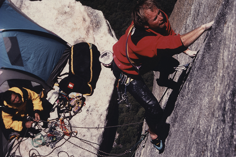 Todd Skinner and Paul Piana on El Capitan’s Salathe Wall completing the first free climb of a big wall in Yosemite, 1988, shot by Bill Hatcher